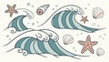 Ocean Waves and Seashells Seamless Pattern, vector design Generative AI Royalty Free Stock Photo