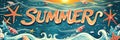Ocean waves, starfish, and shells under summer sun banner. Panoramic web header. Wide screen wallpaper Royalty Free Stock Photo
