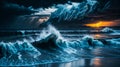 Ocean waves surged in a mysterious atmosphere with evening light Royalty Free Stock Photo