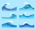 Ocean waves. Water liquid surfaces with transparent foam horizontal waves flow vector illustrations
