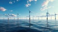 Ocean Wind Farm. Windmill farm in the ocean. Offshore wind turbines in the sea. Wind turbine from aerial view Royalty Free Stock Photo