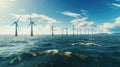 Ocean Wind Farm. Windmill farm in the ocean. Offshore wind turbines in the sea. Wind turbine from aerial view Royalty Free Stock Photo