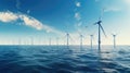 Ocean Wind Farm. Windmill farm in the ocean. Offshore wind turbines in the sea. Wind turbine from aerial view Royalty Free Stock Photo