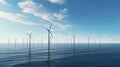 Ocean Wind Farm. Windmill farm in the ocean. Offshore wind turbines in the sea. Wind turbine from aerial view Royalty Free Stock Photo