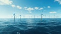 Ocean Wind Farm. Windmill farm in the ocean. Offshore wind turbines in the sea. Wind turbine from aerial view Royalty Free Stock Photo