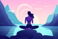ocean woman person meditation back lotus sea relaxation exercise summer yoga. Generative AI.