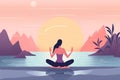 ocean woman person relaxation yoga exercise lotus back meditation travel sea. Generative AI. Royalty Free Stock Photo