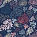 Ocean world seamless pattern with corals and shells