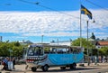 Oceanbus in a crowdy street, with funny design taking tourists to sightseeing in Gothenburg, Sweden