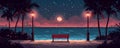 The oceanfront is adorned with a peaceful park bench situated beneath the shade of palm trees at night Royalty Free Stock Photo