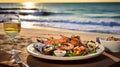 Oceanfront dining fresh seafood served with seaside ambiance.AI Generated