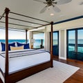 Oceanfront Escape: A coastal-inspired master bedroom overlooking the ocean, with a canopy bed, nautical accents, and a balcony t