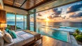 Oceanfront Luxury Bedroom with Infinity Pool and Sunset Views Royalty Free Stock Photo