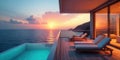 Oceanfront luxury sunset views from a private deck with infinity pool and lounge chairs. Generative AI Royalty Free Stock Photo
