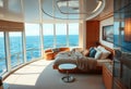 Oceanfront master suite luxurious vessel bedroom with panoramic sea views and plush bedding. Generative AI Royalty Free Stock Photo