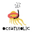 Oceanholic - kids poster with cute octopus and lettering cut out of paper. Vector illustration