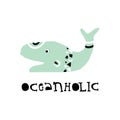 Oceanholic - Summer kids poster with a whale fish cut out of paper and hand drawn lettering. Vector illustration