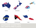 Oceania countries set, maps and flags