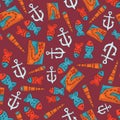 Oceania journey seamless pattern at red. colorful objects repeating background for web and print purpose. marker ar