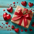 Greeting Card or Background with Gift Box and Two Red Hearts on Turquoise Wood. Generative ai for illustrations