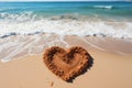 Oceanic affection Sandy heart on beach, with waves providing a scenic backdrop Royalty Free Stock Photo