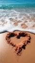 Oceanic affection Sandy heart on beach, with waves providing a scenic backdrop Royalty Free Stock Photo
