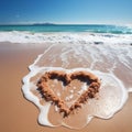 Oceanic affection Sandy heart on beach, with waves providing a scenic backdrop Royalty Free Stock Photo