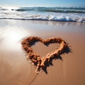 Oceanic affection Sandy heart on beach, with waves providing a scenic backdrop Royalty Free Stock Photo