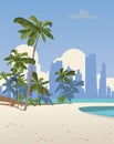 Oceanic beach with palm trees in the background of skyscrapers. Vector Royalty Free Stock Photo