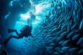 Oceanic dance, scuba divers journey, fishes swirl, underwater magic