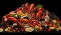 Oceanic delicacies fresh fish, shellfish, crabs, octopuses, mussels, oysters, and shrimps on ice Royalty Free Stock Photo