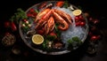 Oceanic delicacies on ice fresh fish, shellfish, crabs, octopuses, mussels, oysters, and shrimps Royalty Free Stock Photo