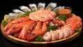 Oceanic delicacies on ice fresh fish, shellfish, crabs, octopuses, mussels, oysters, and shrimps Royalty Free Stock Photo