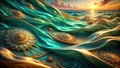 Oceanic dreamscape emerald waves adorned with gilded celestial ornaments at sunset. Generative AI Royalty Free Stock Photo
