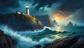 Storm over the sea with a lighthouse ans a boat. AI generated Royalty Free Stock Photo