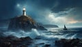 Storm over the sea with a lighthouse ans a boat. AI generated Royalty Free Stock Photo