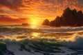 Oceanic Rhapsody: breathtaking panorama of the ocean with a stunning sunset, crashing waves