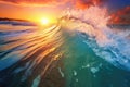 Oceanic Rhapsody: breathtaking panorama of the ocean with a stunning sunset, crashing waves