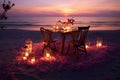 Oceanic romance beach table adorned with flowers, candles, and lanterns