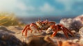 Oceanic Serenity: Captivating Crab on Rocky Perch Amidst Tides.