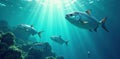 Oceanic sunlight illuminates a school of fish swimming gracefully through the underwater world. Generative AI Royalty Free Stock Photo