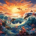 Oceanic Symphony: The harmonious collaboration of waves, sea creatures, and seagulls