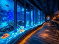 Oceanic themed aquarium restaurant with floor-to-ceiling tanks Royalty Free Stock Photo