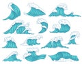 Oceanic waves. Sea hand drawn tsunami or storm waves, marine water shaft, ocean beach surfing waves isolated vector