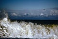 Oceanic waves during storm. water roll forward, boils at shore, force of nature