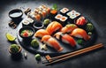 A Vibrant Array of Sushi Rolls and Nigiri on a Stone Plate Royalty Free Stock Photo