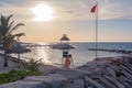 Oceanside Gazebo Sunset Beach with Lifeguard Chair Royalty Free Stock Photo