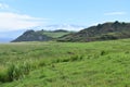 Oceanside landscape with a green rolling hill ranch along the road to Hana on the island of Maui Royalty Free Stock Photo