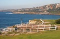 Oceanside town on hill, and picturesque and amazing landscape with grass and white wood fences on cliff by sea in Sydney Australia