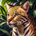 Ocelot cat spotted striped feline in jungle background